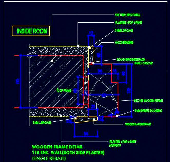 Door Frame AutoCAD Detail- 115 mm Wall with Single Rebate